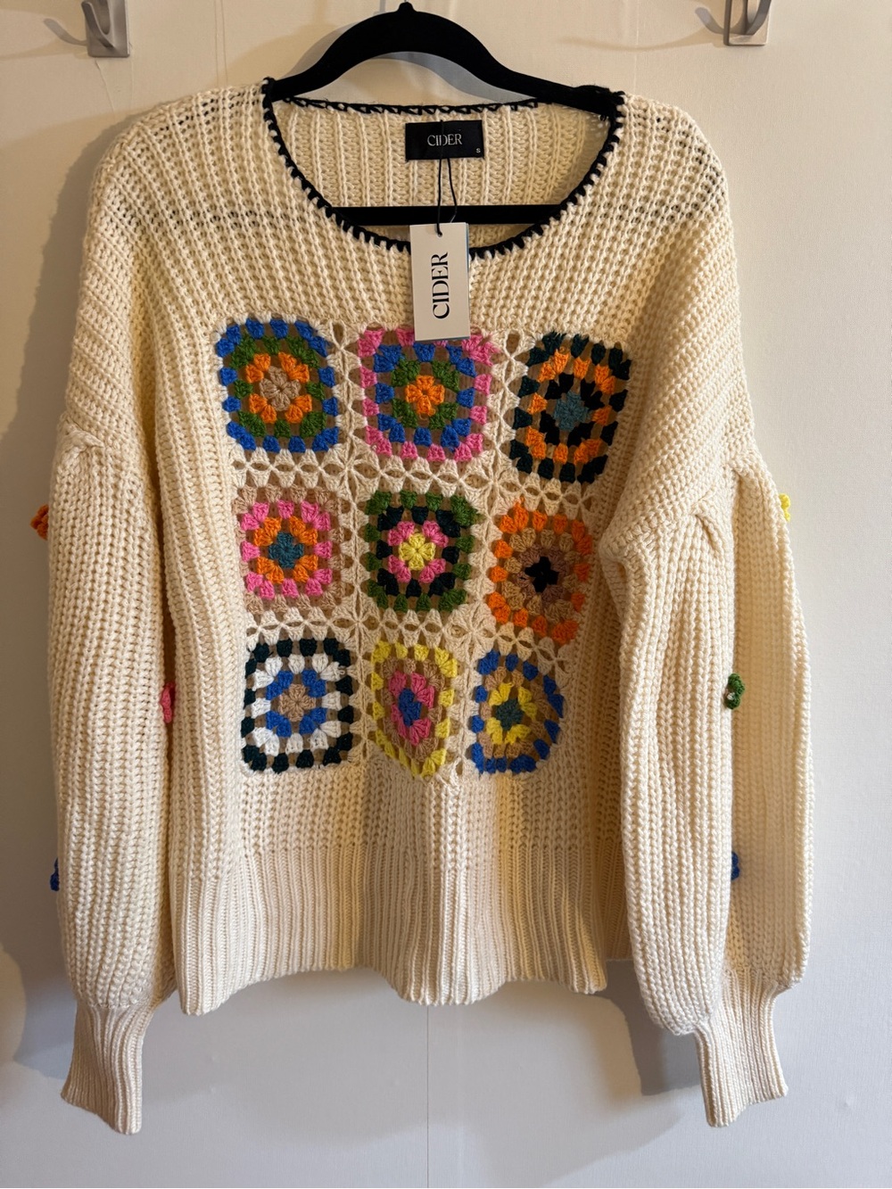 CIDER NWT Granny Square Crochet Sweater Size Small Cream Boho Cottagecore